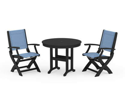 POLYWOOD® Coastal Folding Chair 3-Piece Round Dining Set in Black / Poolside Sling
