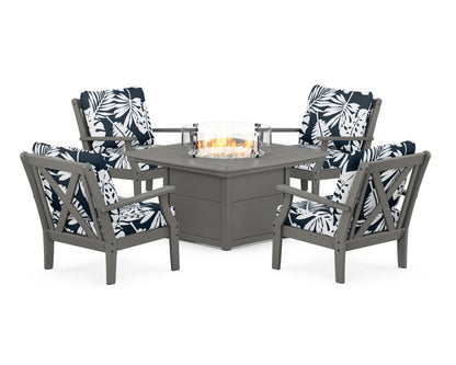 POLYWOOD® Braxton 5-Piece Deep Seating Conversation Set with Fire Pit Table in Slate Grey / Leaf Marine Indigo