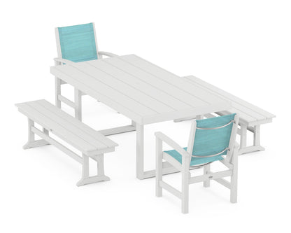 POLYWOOD® Coastal 5-Piece Dining Set with Trestle Legs in White / Dupioni Aquamarine Sling
