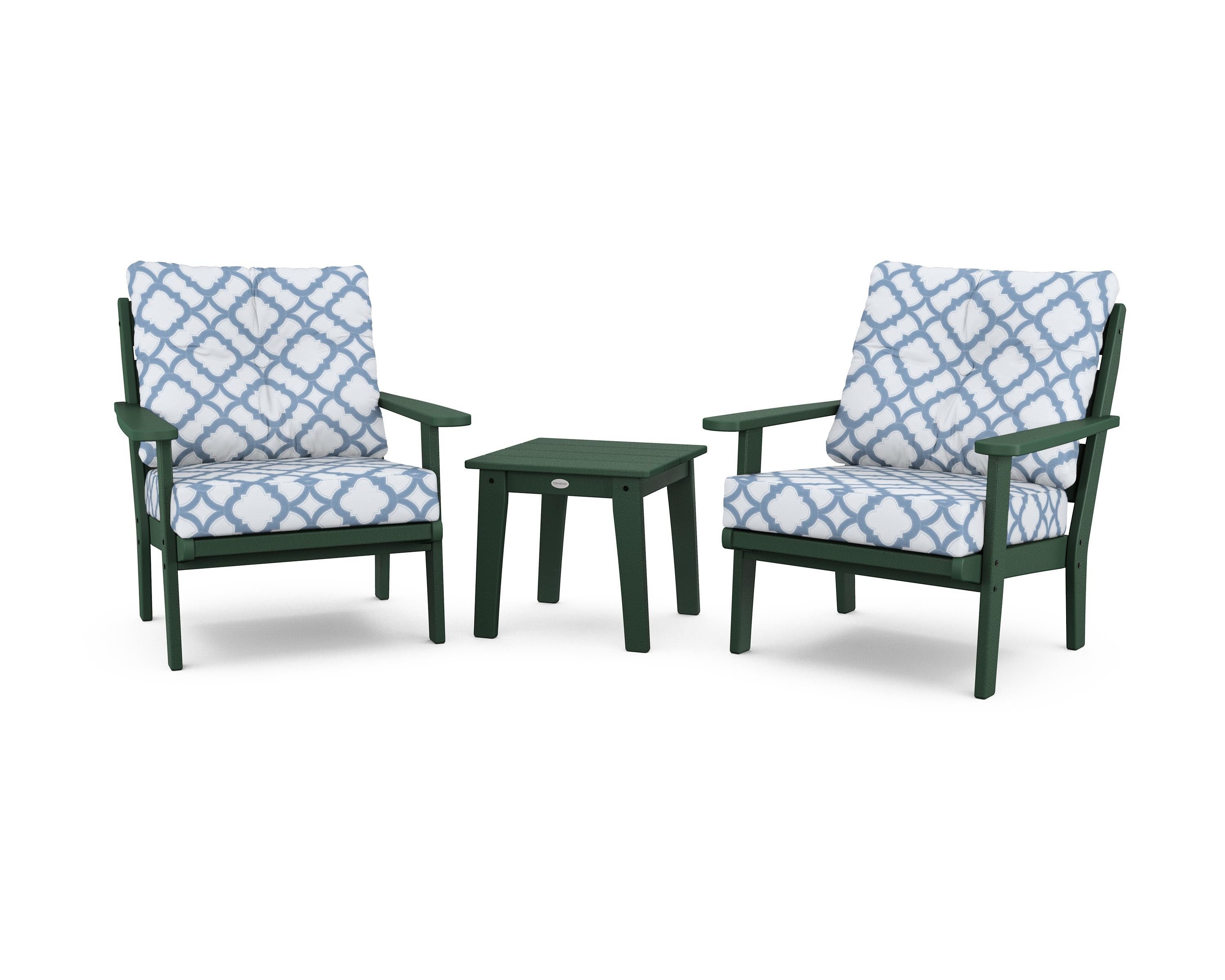 POLYWOOD® Lakeside 3-Piece Deep Seating Chair Set in Green / Trellis Sky Blue