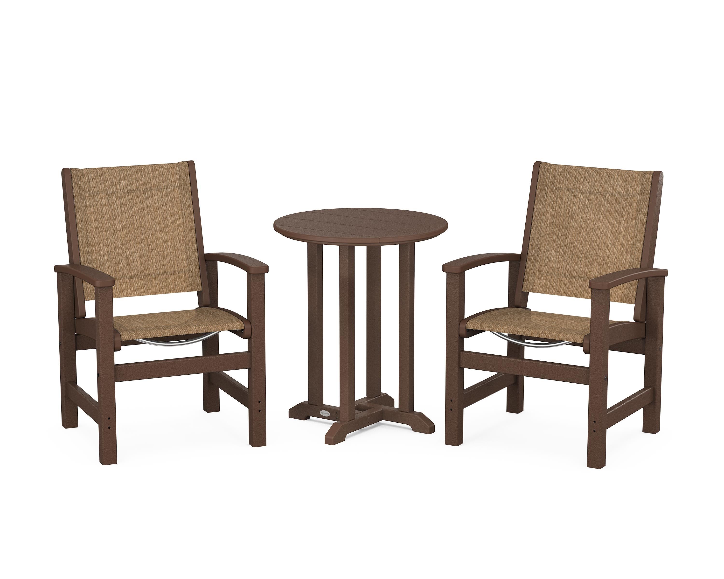 POLYWOOD® Coastal 3-Piece Round Bistro Dining Set in Mahogany / Burlap Sling