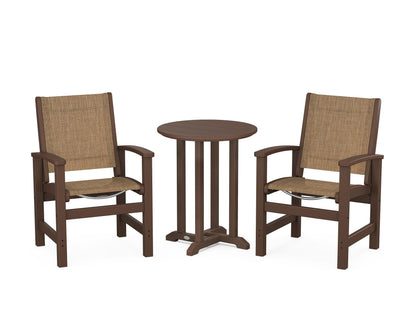 POLYWOOD® Coastal 3-Piece Round Bistro Dining Set in Mahogany / Burlap Sling