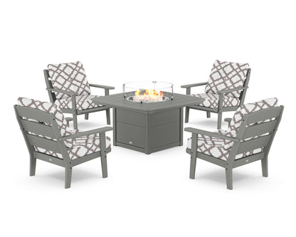 POLYWOOD® Lakeside 5-Piece Deep Seating Set with Nautical Fire Pit Table in Slate Grey / Trellis Grey Mist