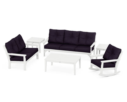 POLYWOOD® Vineyard 6-Piece Deep Seating Set in White / Navy Linen