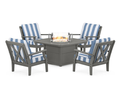 POLYWOOD® Braxton 5-Piece Deep Seating Conversation Set with Fire Pit Table in Slate Grey / Cabana Stripe Sky Blue