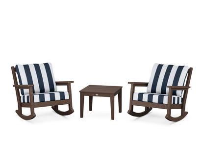 POLYWOOD® Chippendale 3-Piece Deep Seating Rocker Set in Mahogany / Cabana Stripe Marine Indigo