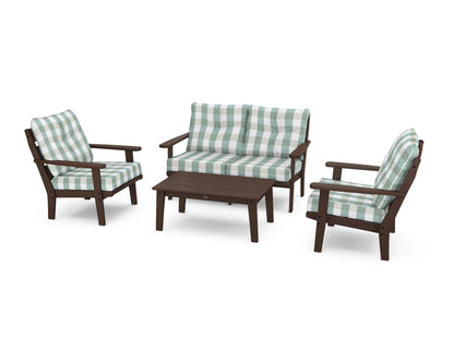 POLYWOOD® Lakeside 4-Piece Deep Seating Set in Mahogany / Buffalo Plaid Glacier Spa
