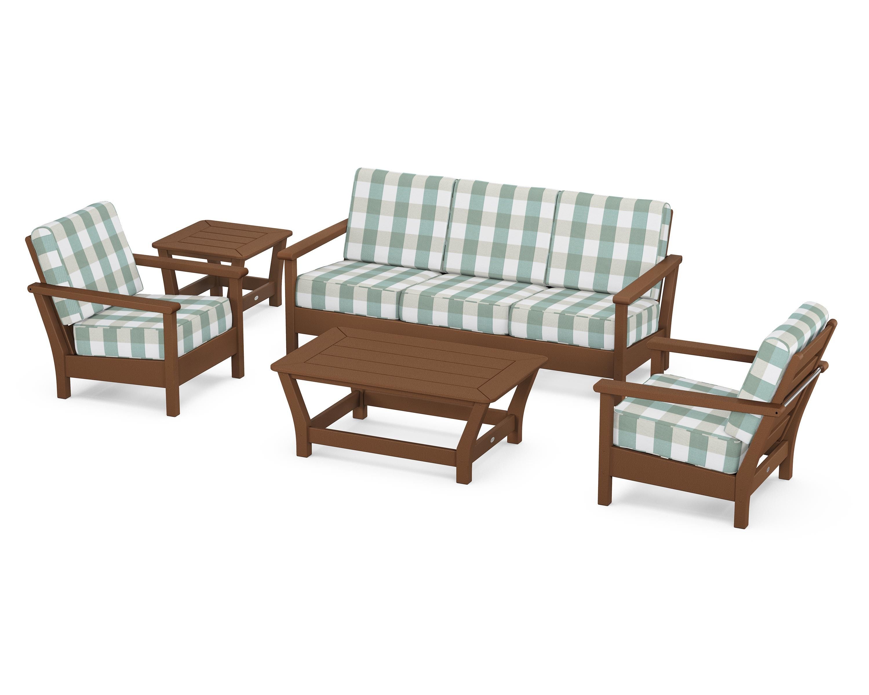 POLYWOOD® Harbour 5-Piece Deep Seating Set in Teak / Buffalo Plaid Glacier Spa