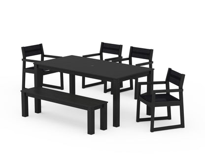 POLYWOOD® EDGE Sling Arm Chair 6-Piece Parsons Dining Set with Bench in Black / Black Sling
