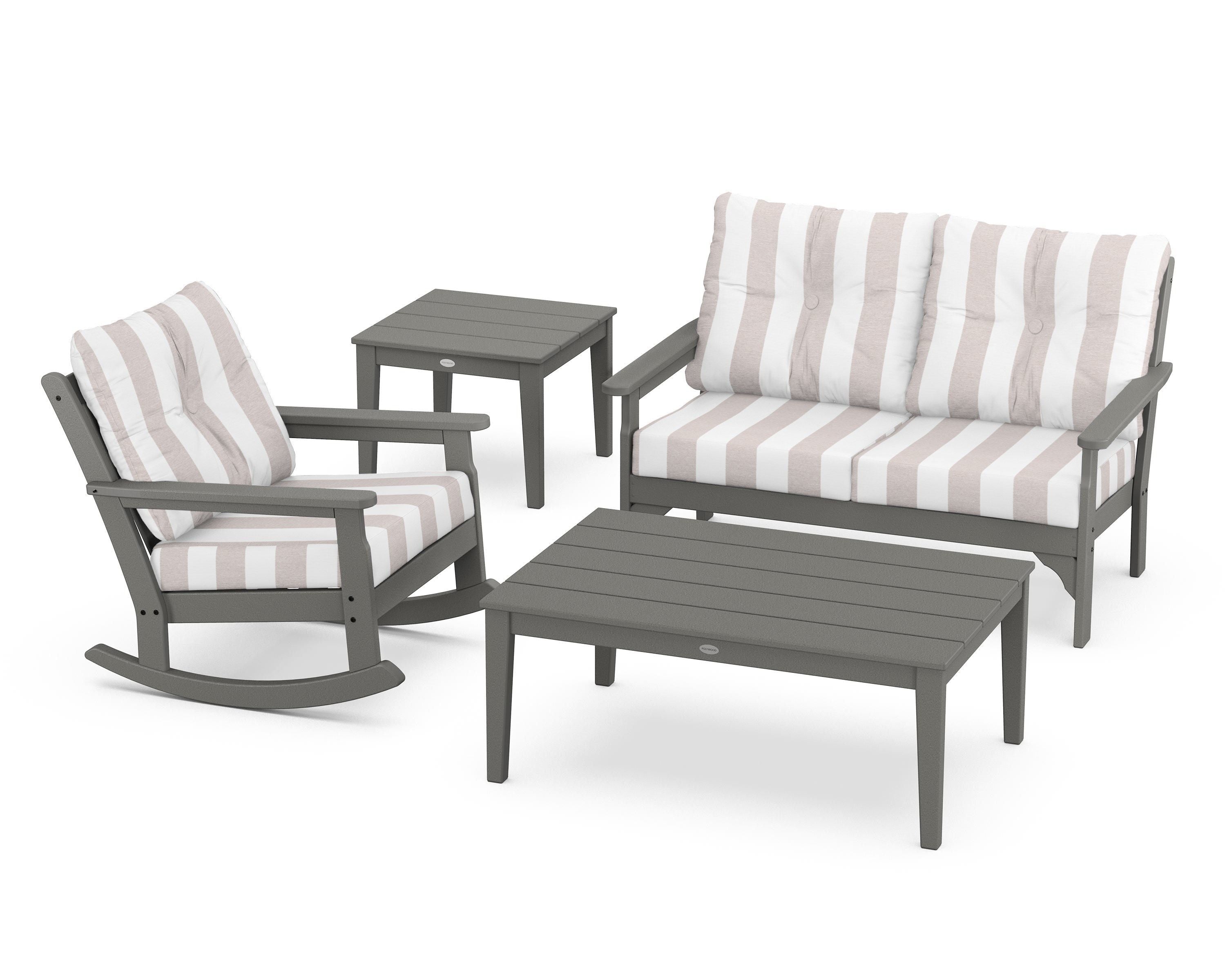 POLYWOOD® Vineyard 4-Piece Deep Seating Rocker Set in Slate Grey / Cabana Stripe Dune Burlap