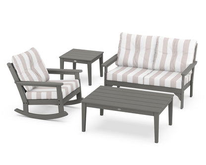 POLYWOOD® Vineyard 4-Piece Deep Seating Rocker Set in Slate Grey / Cabana Stripe Dune Burlap