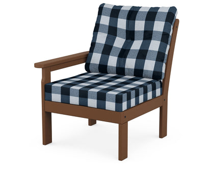 POLYWOOD® Vineyard Modular Left Arm Chair in Teak / Buffalo Plaid Marine Indigo