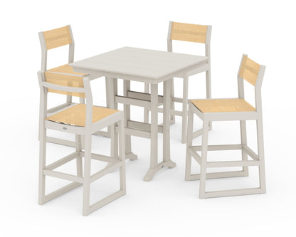 POLYWOOD® EDGE Sling Arm Chair 5-Piece Farmhouse Bar Set with Trestle Legs in Sand / Dupioni Apricot Sling