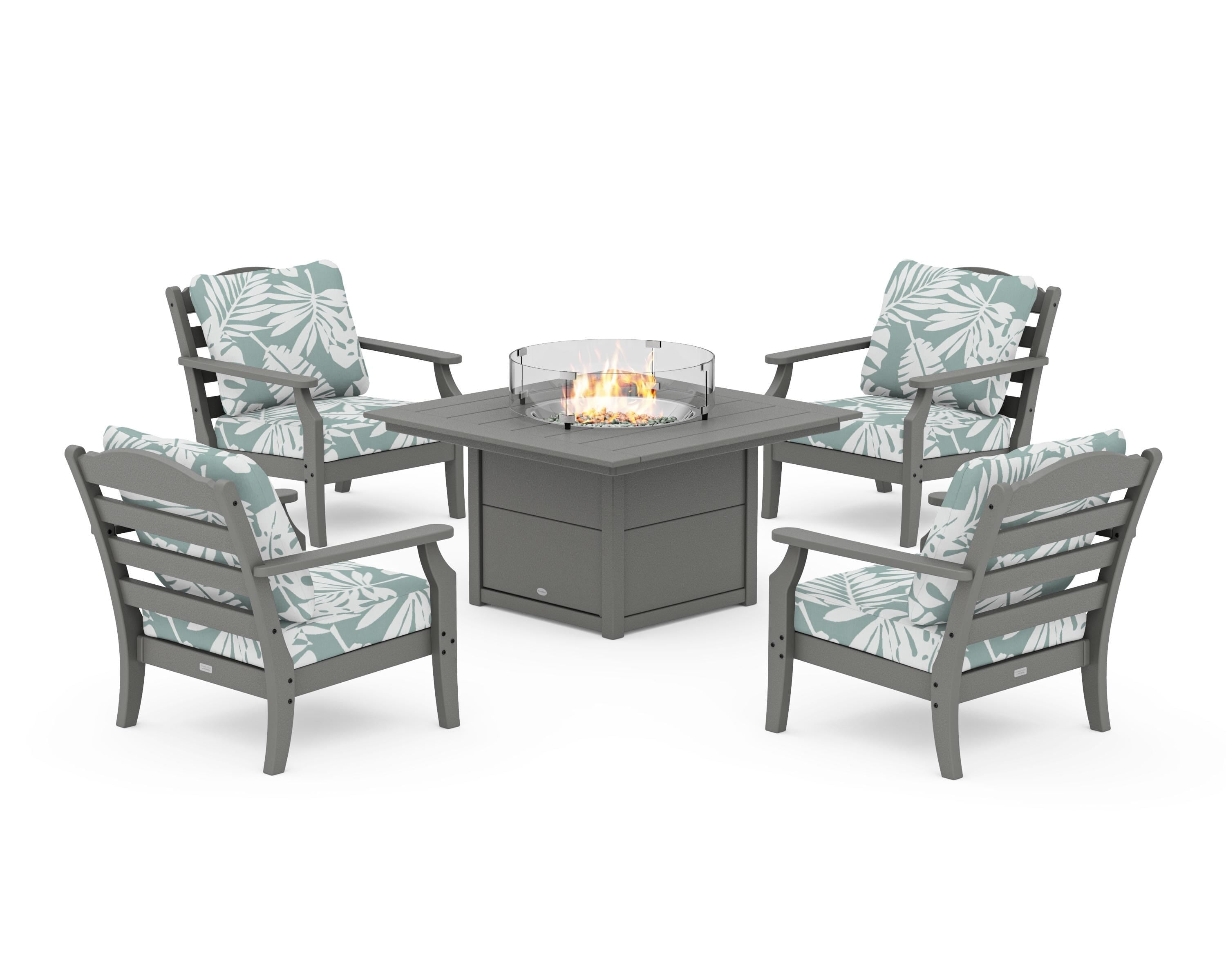 Draper James™ by  POLYWOOD® Savannah 5-Piece Deep Seating Set with Fire Pit Table in Slate Grey / Leaf Glacier Spa