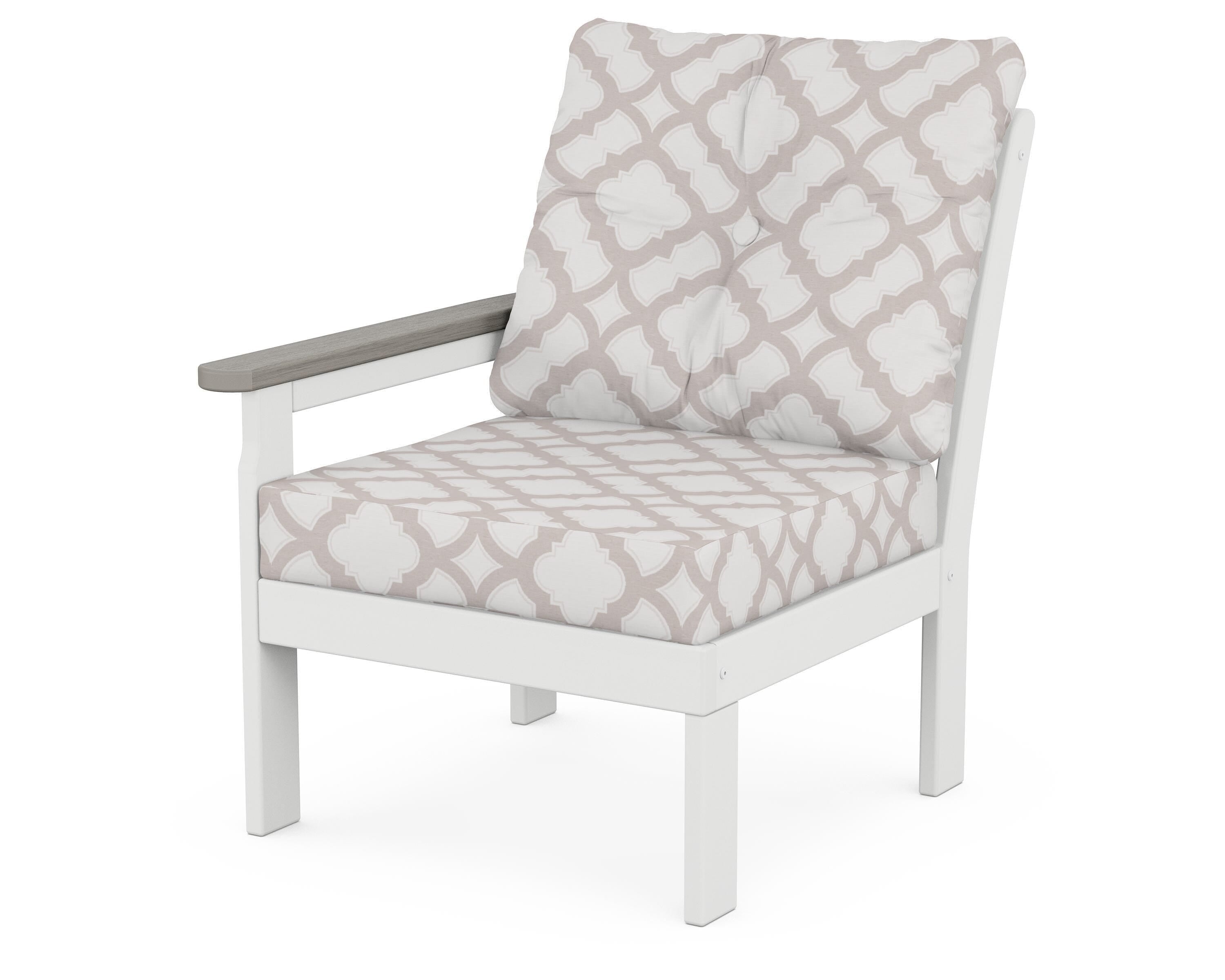 POLYWOOD® Vineyard Modular Left Arm Chair in White / Driftwood / Trellis Dune Burlap