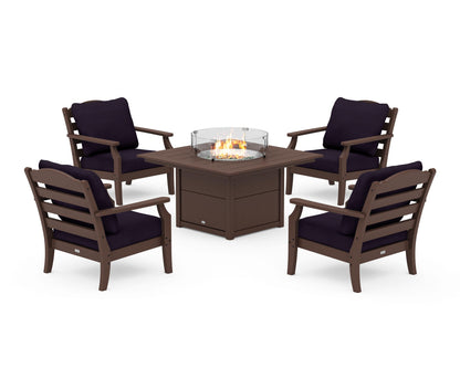 Draper James™ by  POLYWOOD® Savannah 5-Piece Deep Seating Set with Fire Pit Table in Mahogany / Navy Linen
