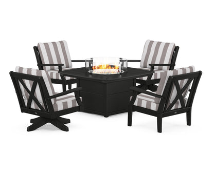 POLYWOOD® Braxton 5-Piece Deep Seating Set with Fire Table in Black / Cabana Stripe Grey Mist