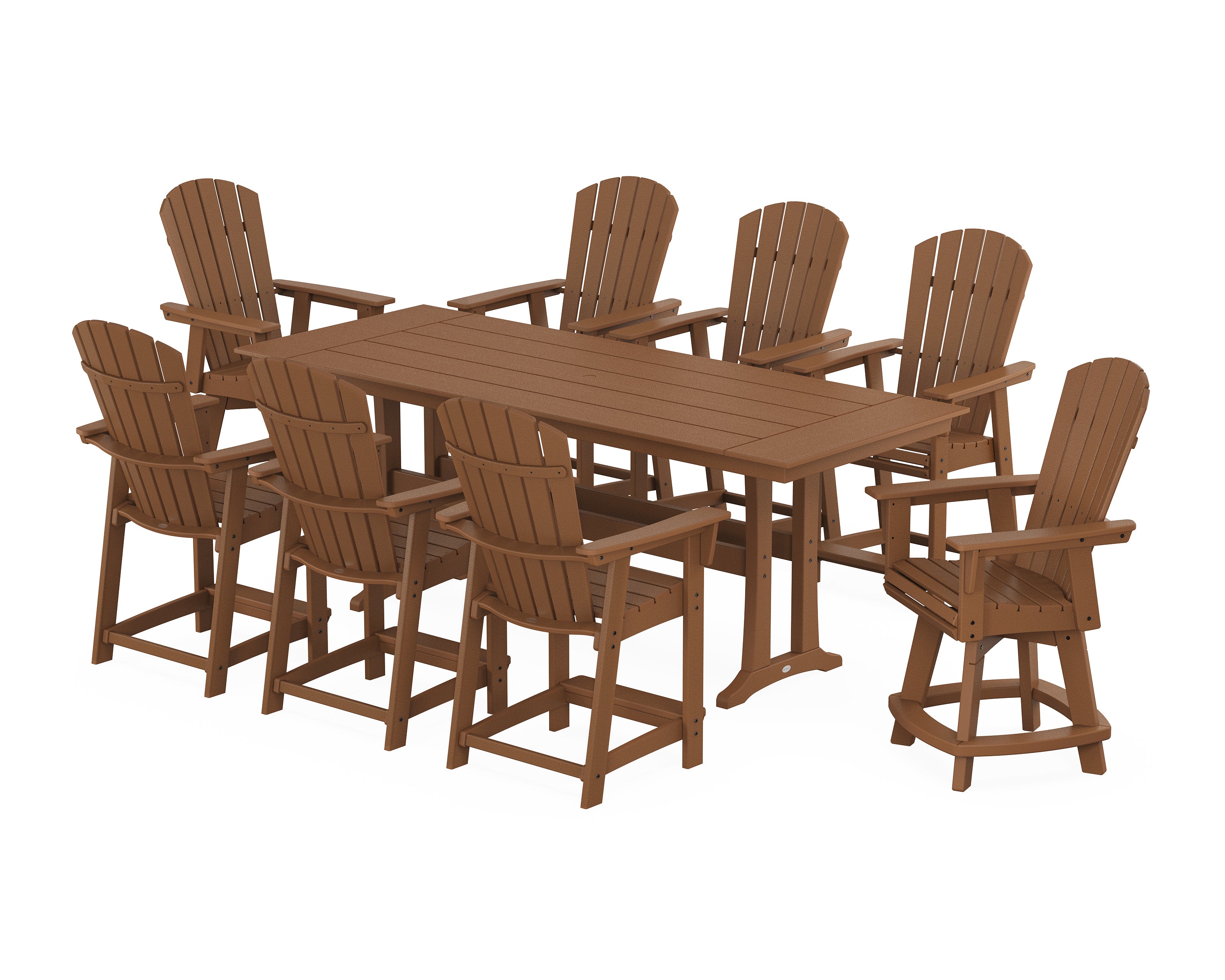 POLYWOOD® Nautical Curveback Adirondack Swivel Chair 9-Piece Farmhouse Counter Set with Trestle Legs in Teak