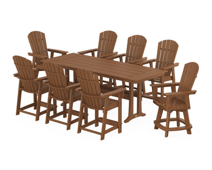 POLYWOOD® Nautical Curveback Adirondack Swivel Chair 9-Piece Farmhouse Counter Set with Trestle Legs in Teak