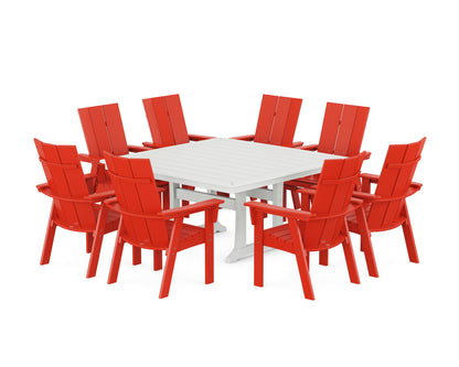 POLYWOOD® Modern Curveback Adirondack 9-Piece Square Dining Set with Trestle Legs in Sunset Red / White