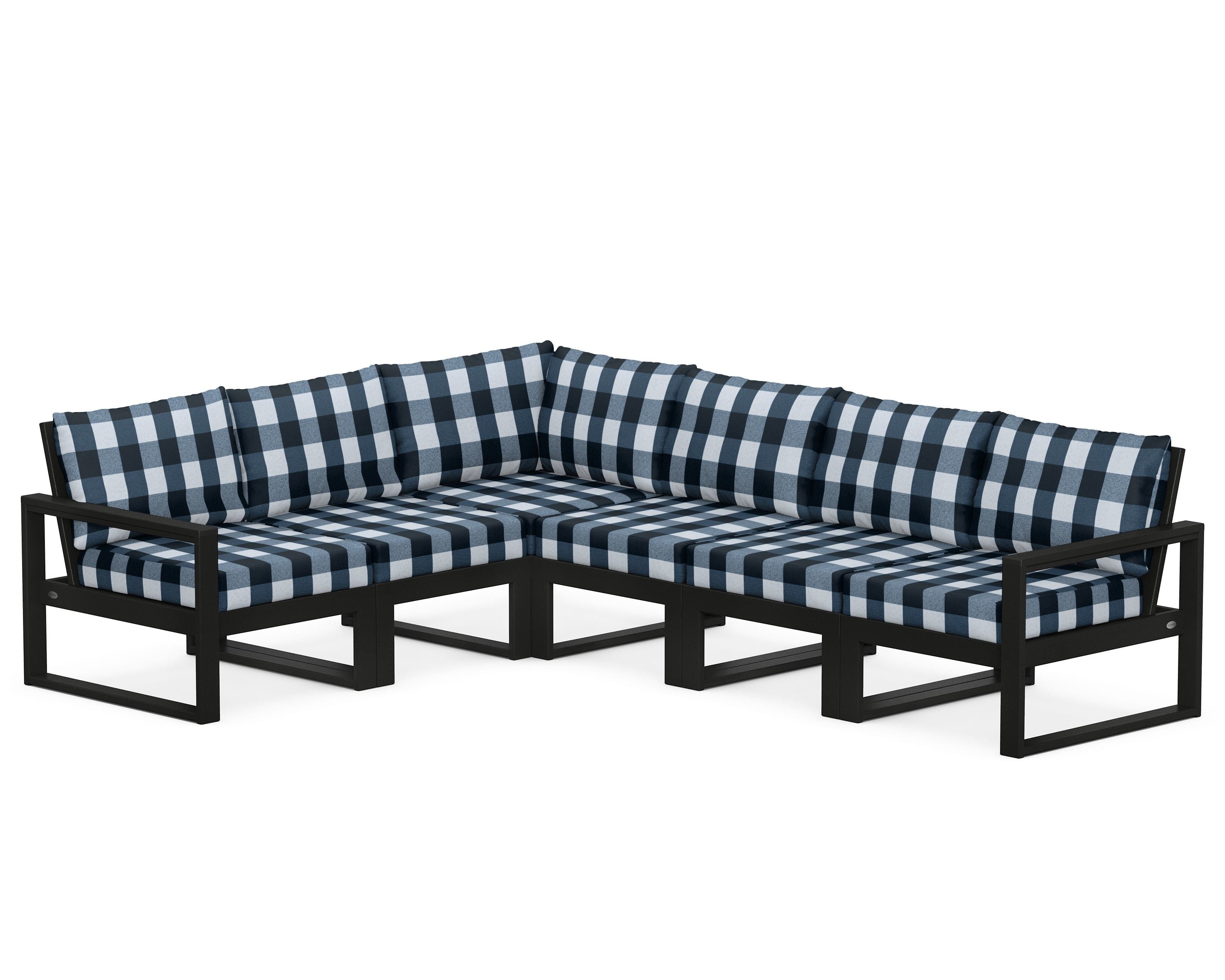 POLYWOOD® EDGE 6-Piece Modular Deep Seating Set in Black / Buffalo Plaid Marine Indigo