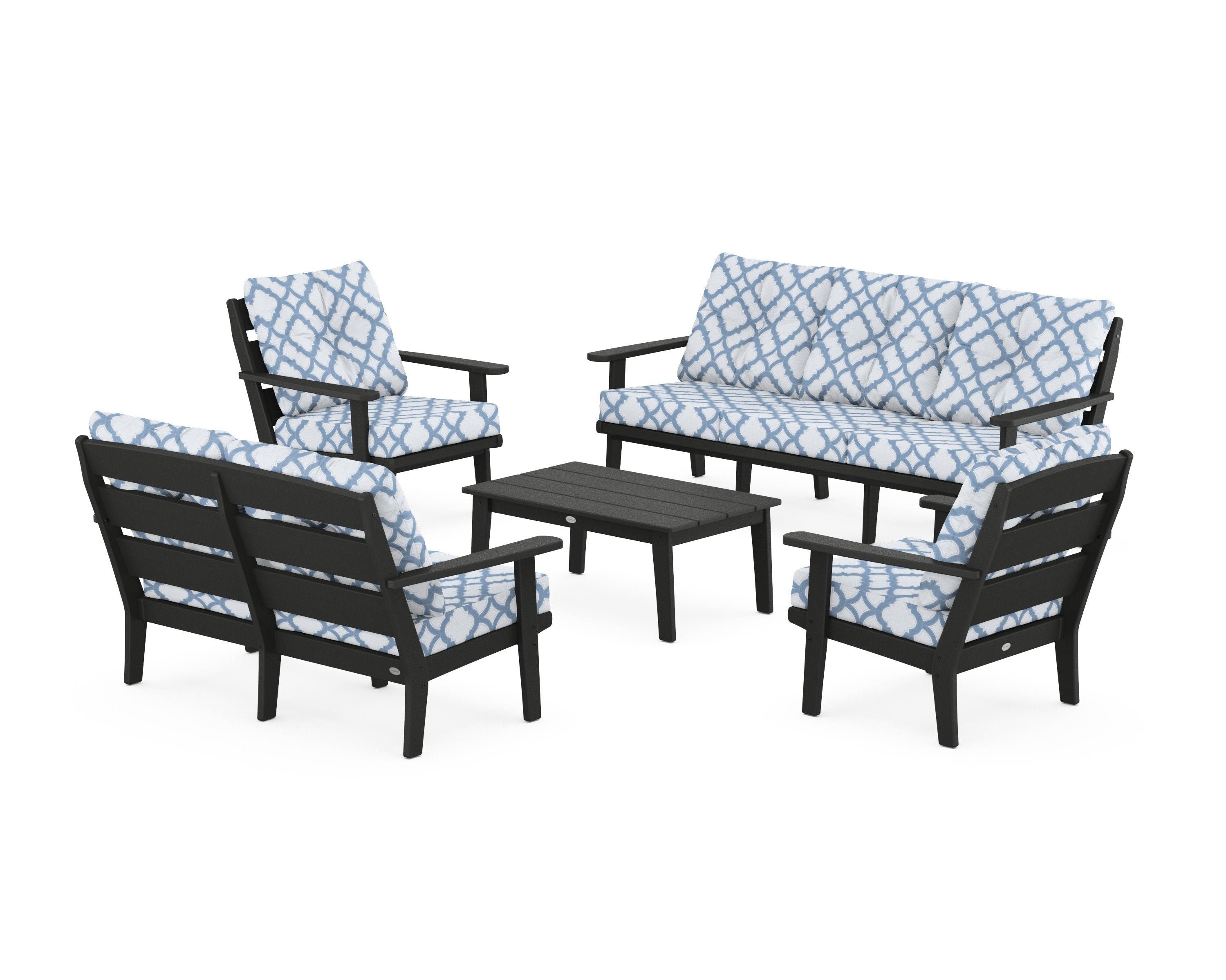 POLYWOOD® Lakeside 5-Piece Lounge Sofa Set in Black / Trellis Sky Blue