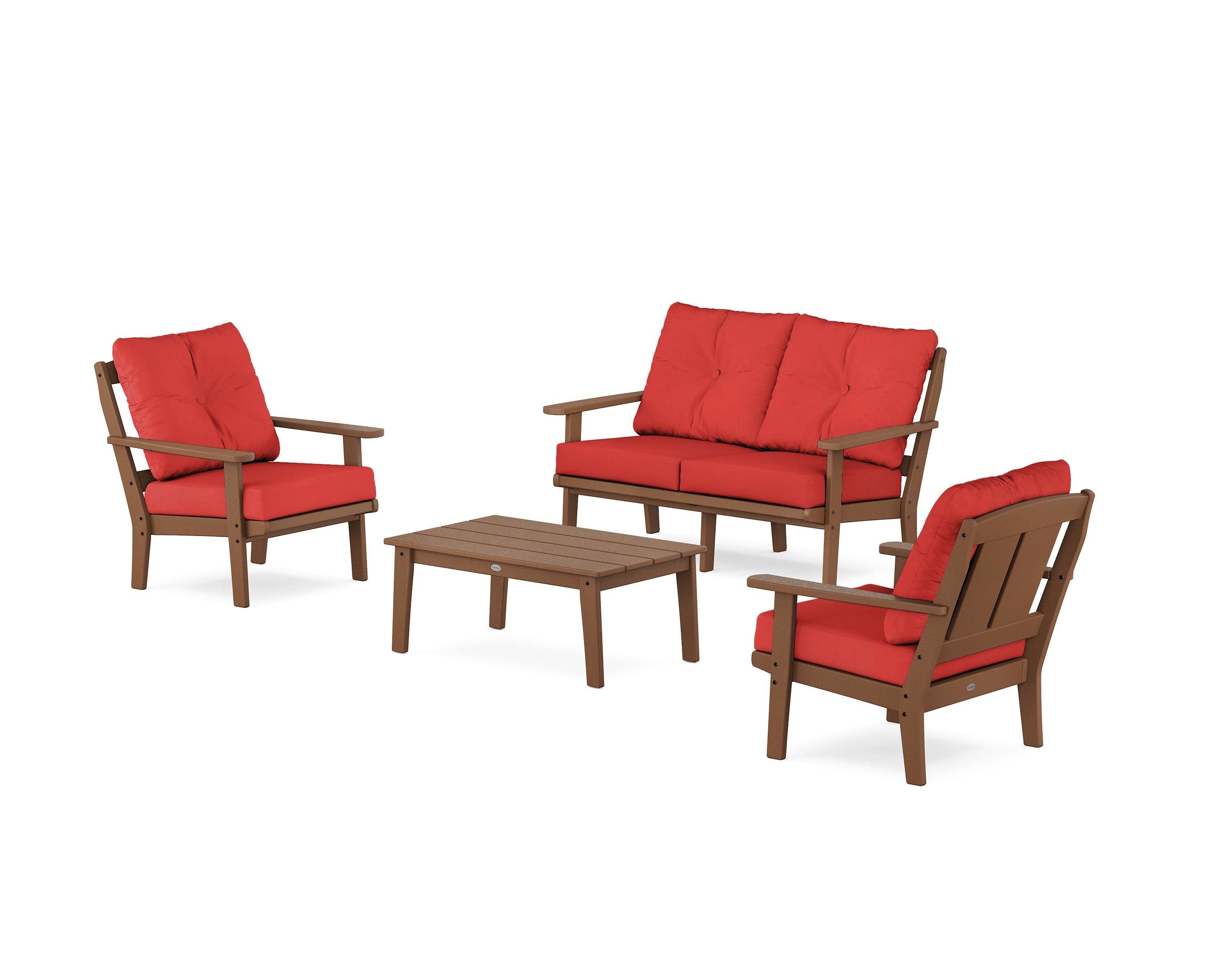 POLYWOOD® Mission 4-Piece Deep Seating Set with Loveseat in Teak / Crimson Linen