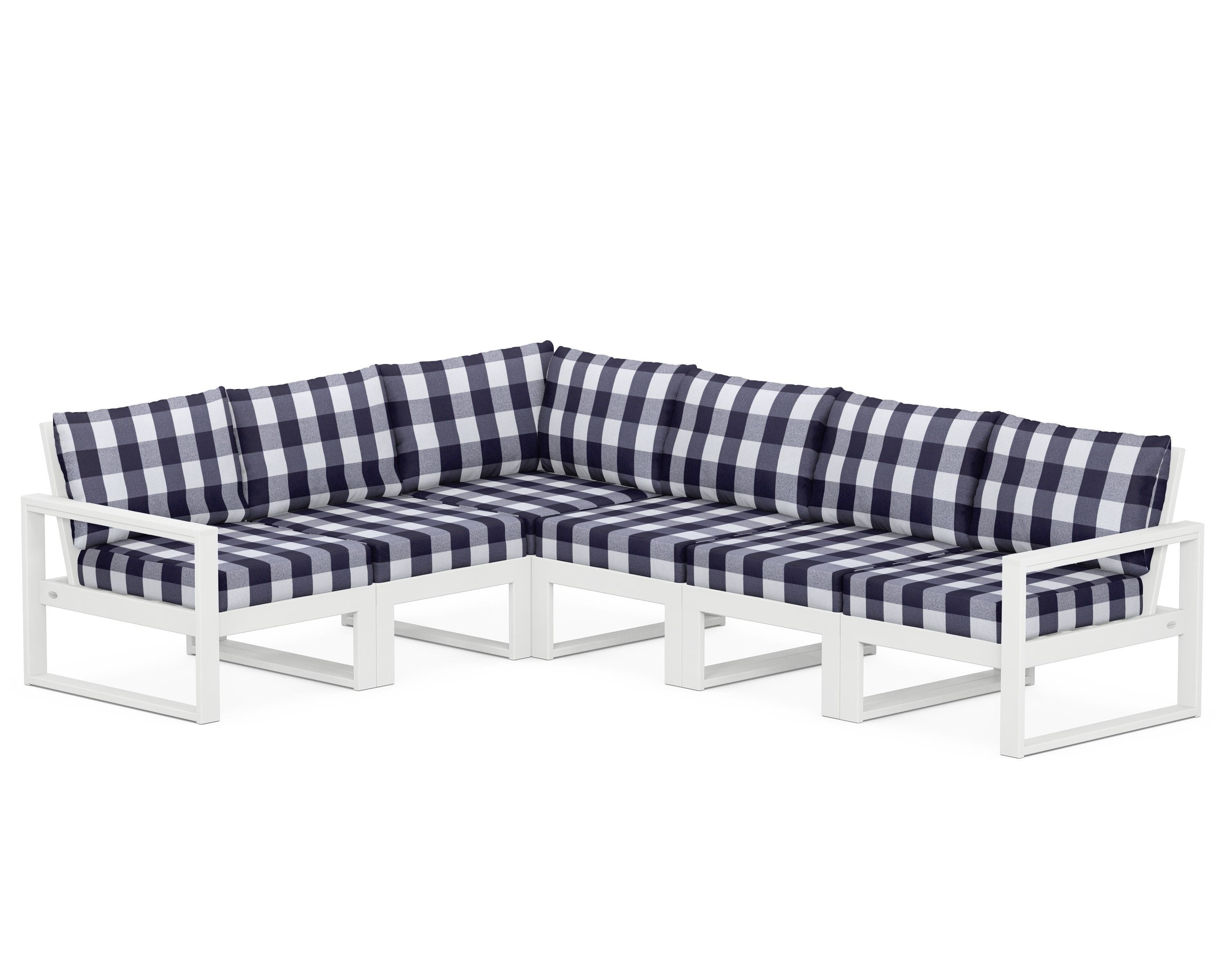 POLYWOOD® EDGE 6-Piece Modular Deep Seating Set in White / Buffalo Plaid Navy