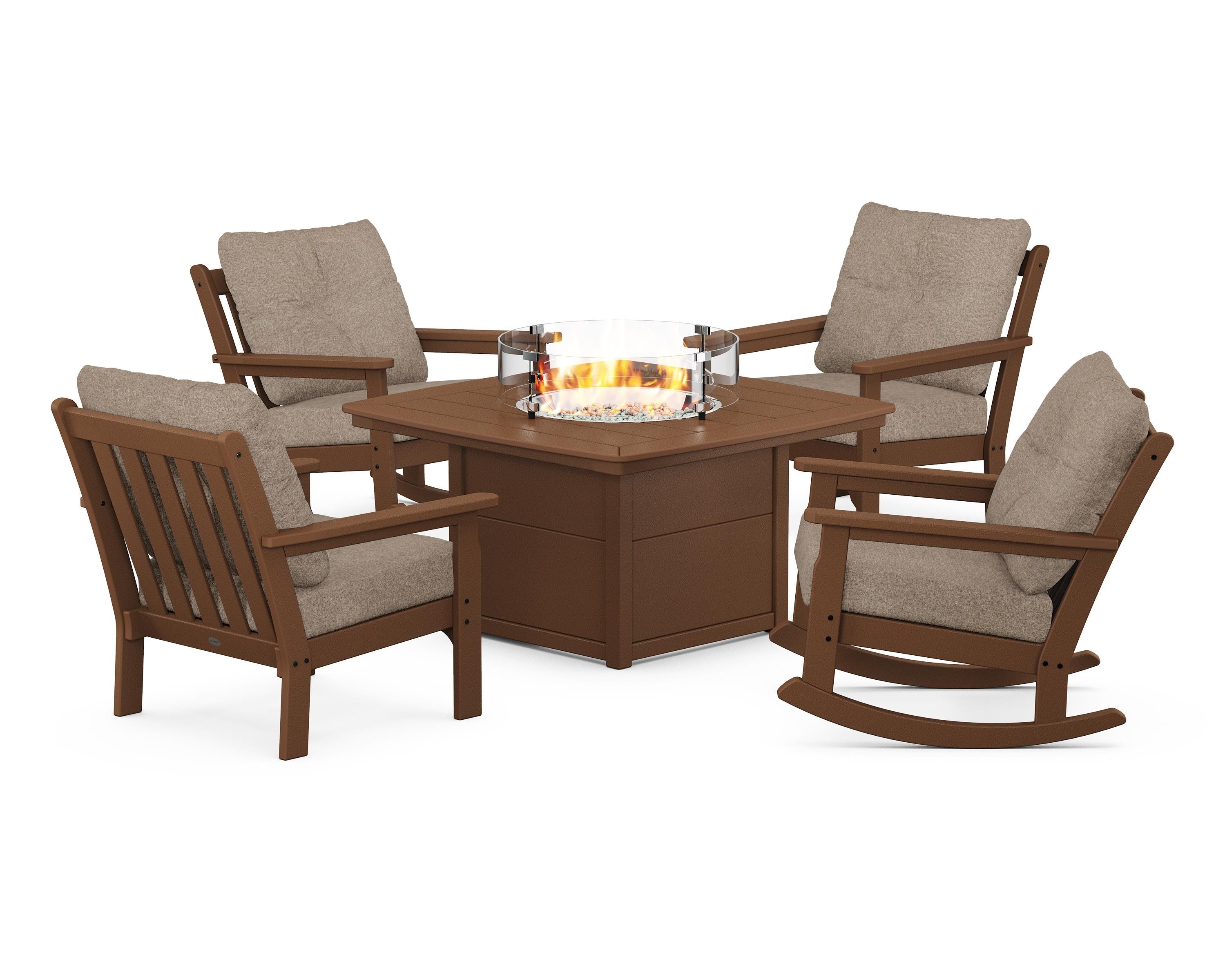 POLYWOOD® Vineyard 5-Piece Deep Seating Rocking Chair Conversation Set with Fire Pit Table in Teak / Spiced Burlap