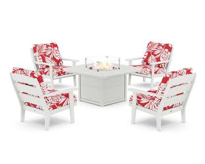 POLYWOOD® Lakeside 5-Piece Deep Seating Set with Nautical Fire Pit Table in White / Leaf Crimson