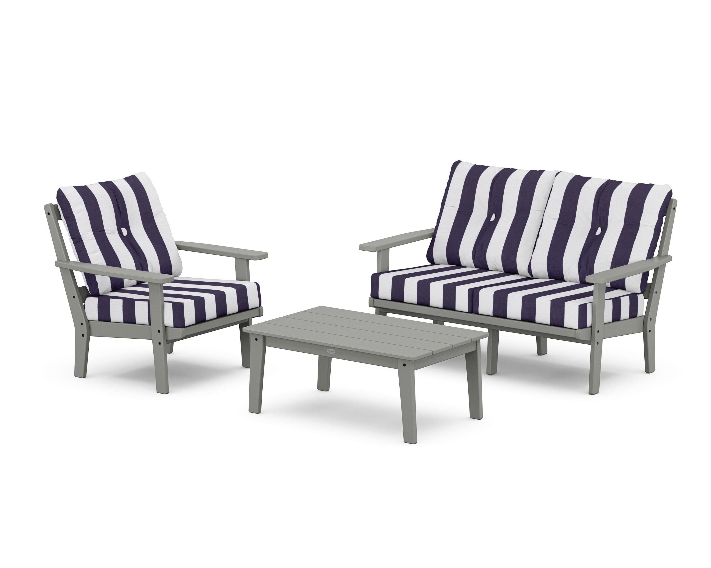 POLYWOOD® Oxford 3-Piece Deep Seating Set with Loveseat in Slate Grey / Cabana Stripe Navy