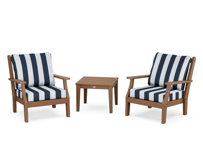 Country Living Wovendale 3-Piece Deep Seating Set in Teak / Cabana Stripe Marine Indigo