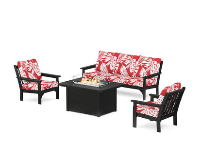 POLYWOOD® Vineyard Deep Seating Fire Pit Table Set in Black / Leaf Crimson