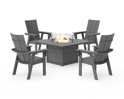 POLYWOOD® Modern 4-Piece Curveback Upright Adirondack Conversation Set with Fire Pit Table in Slate Grey