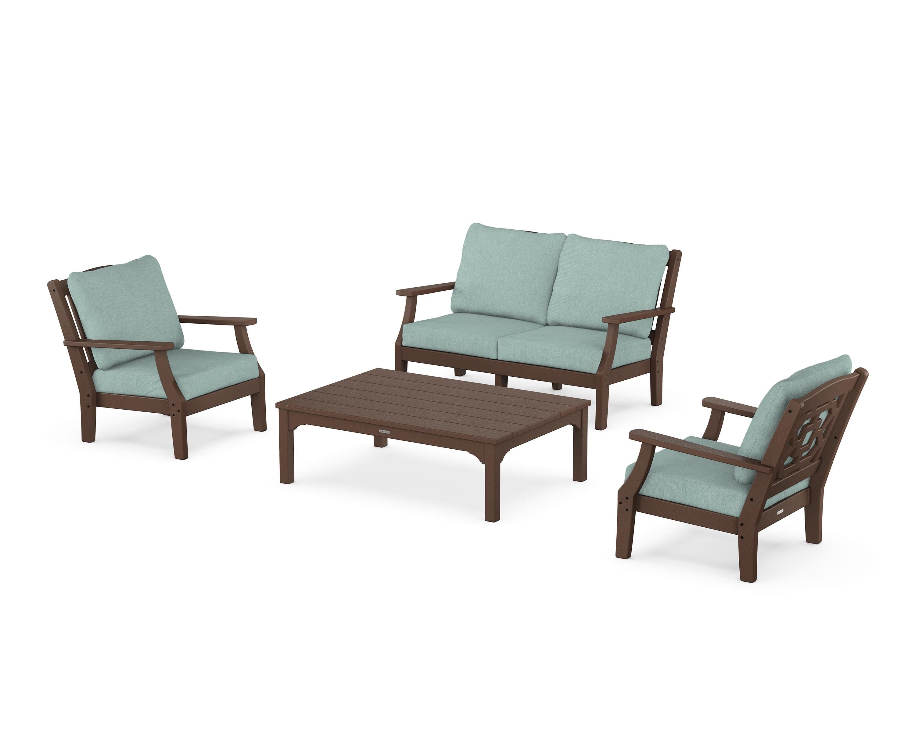 Martha Stewart by POLYWOOD® Chinoiserie 4-Piece Deep Seating Set with Loveseat in Mahogany / Glacier Spa