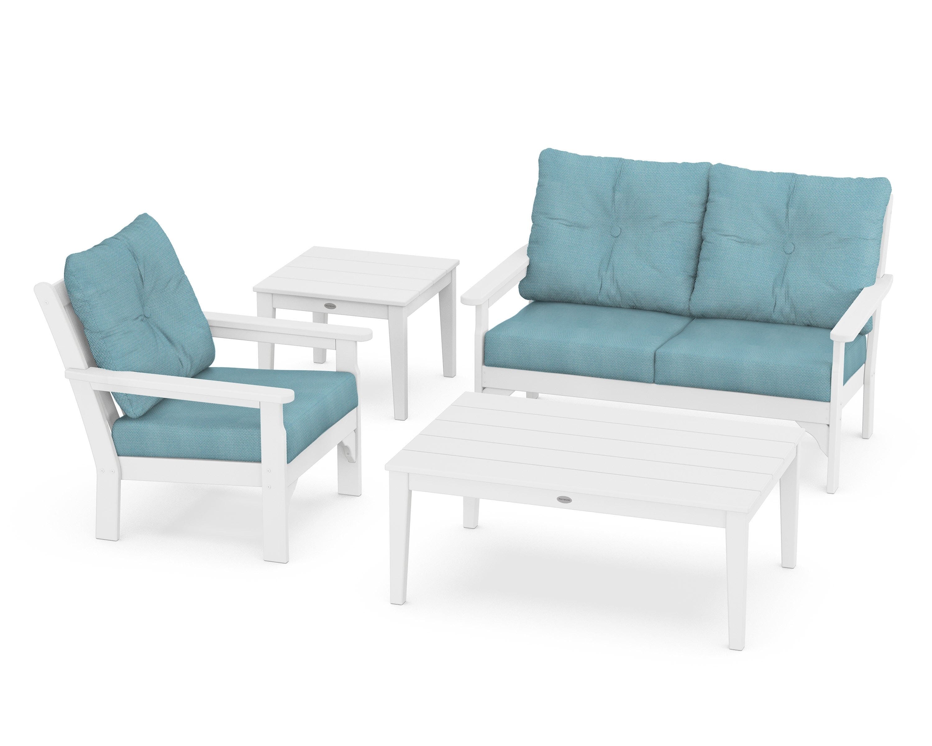 POLYWOOD® Vineyard 4-Piece Deep Seating Set in White / Lattice Sky Blue
