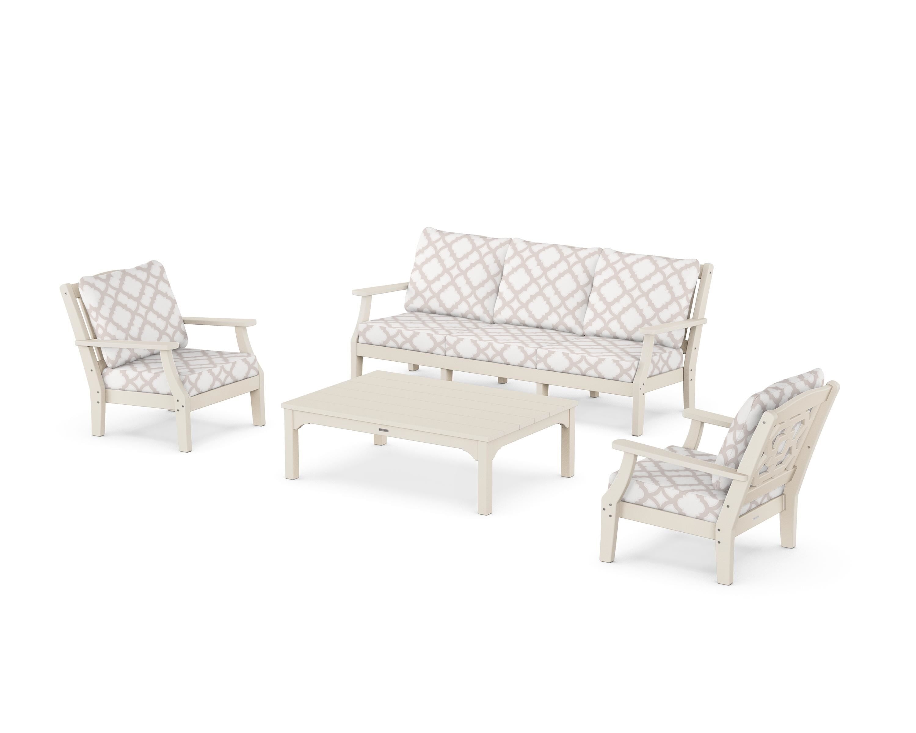 Martha Stewart by POLYWOOD® Chinoiserie 4-Piece Deep Seating Set with Sofa in Sand / Trellis Dune Burlap