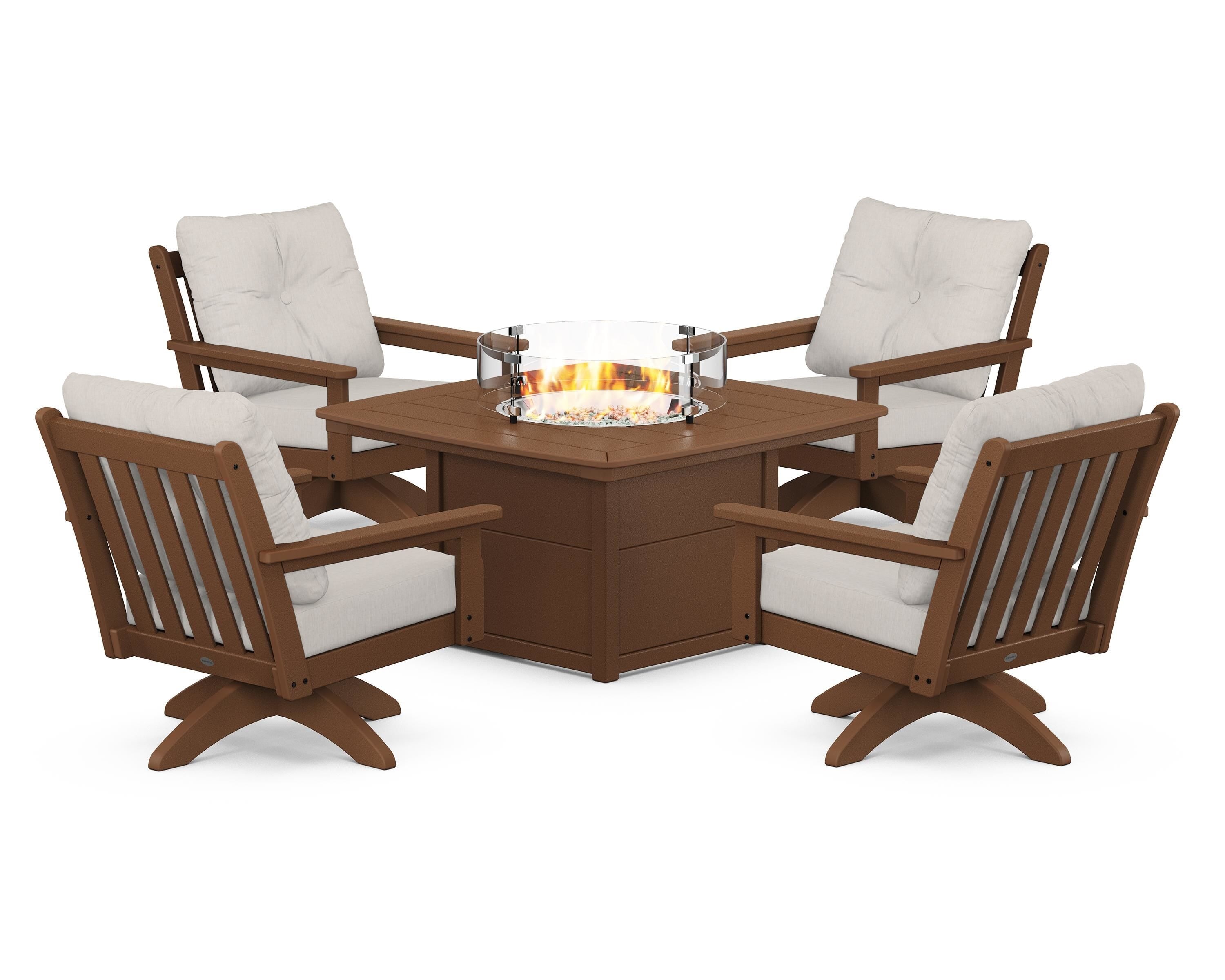 POLYWOOD® Vineyard 5-Piece Deep Seating Swivel Conversation Set with Fire Pit Table in Teak / Cast Ash
