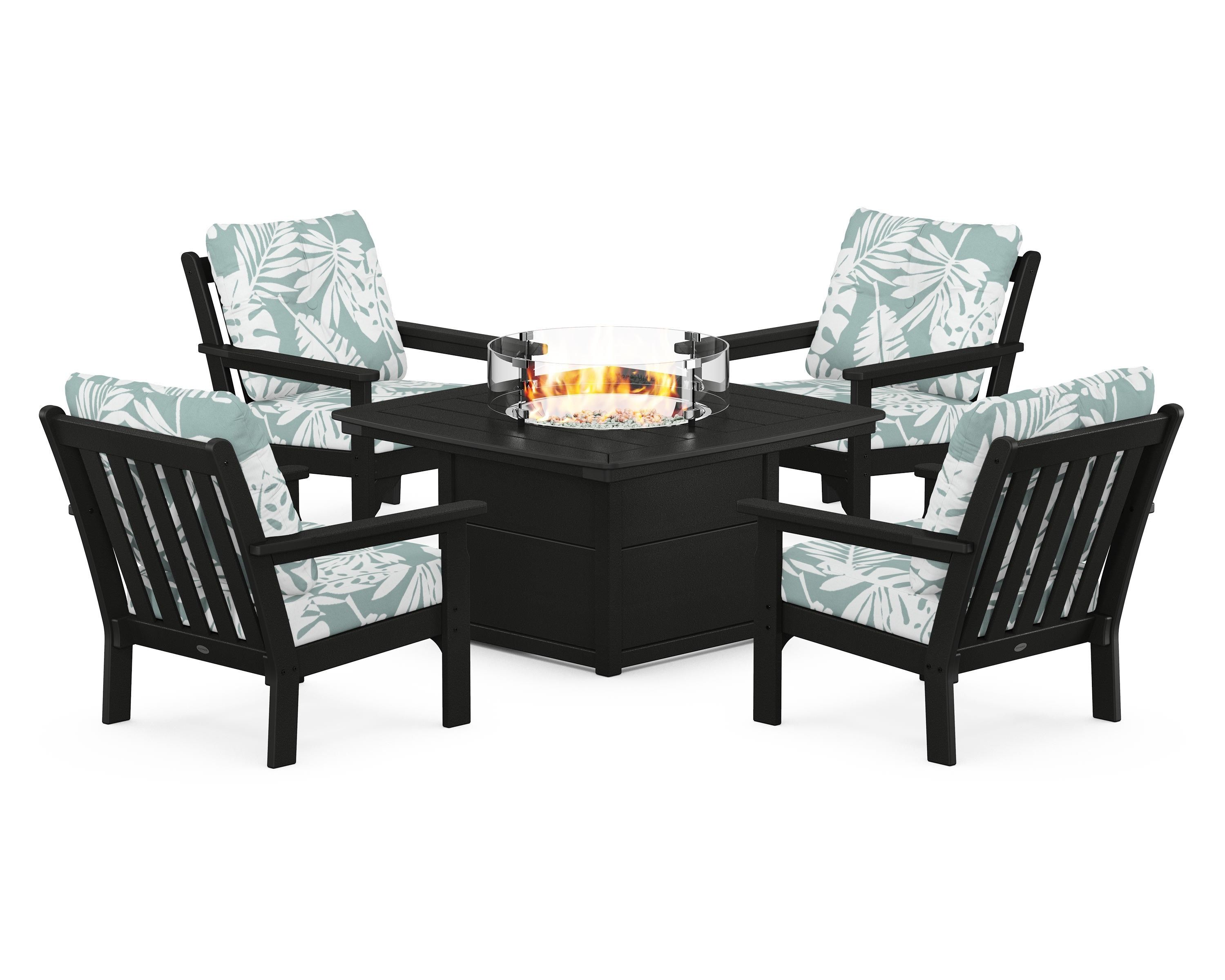 POLYWOOD® Vineyard 5-Piece Conversation Set with Fire Pit Table in Black / Leaf Glacier Spa