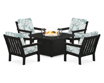 POLYWOOD® Vineyard 5-Piece Conversation Set with Fire Pit Table in Black / Leaf Glacier Spa