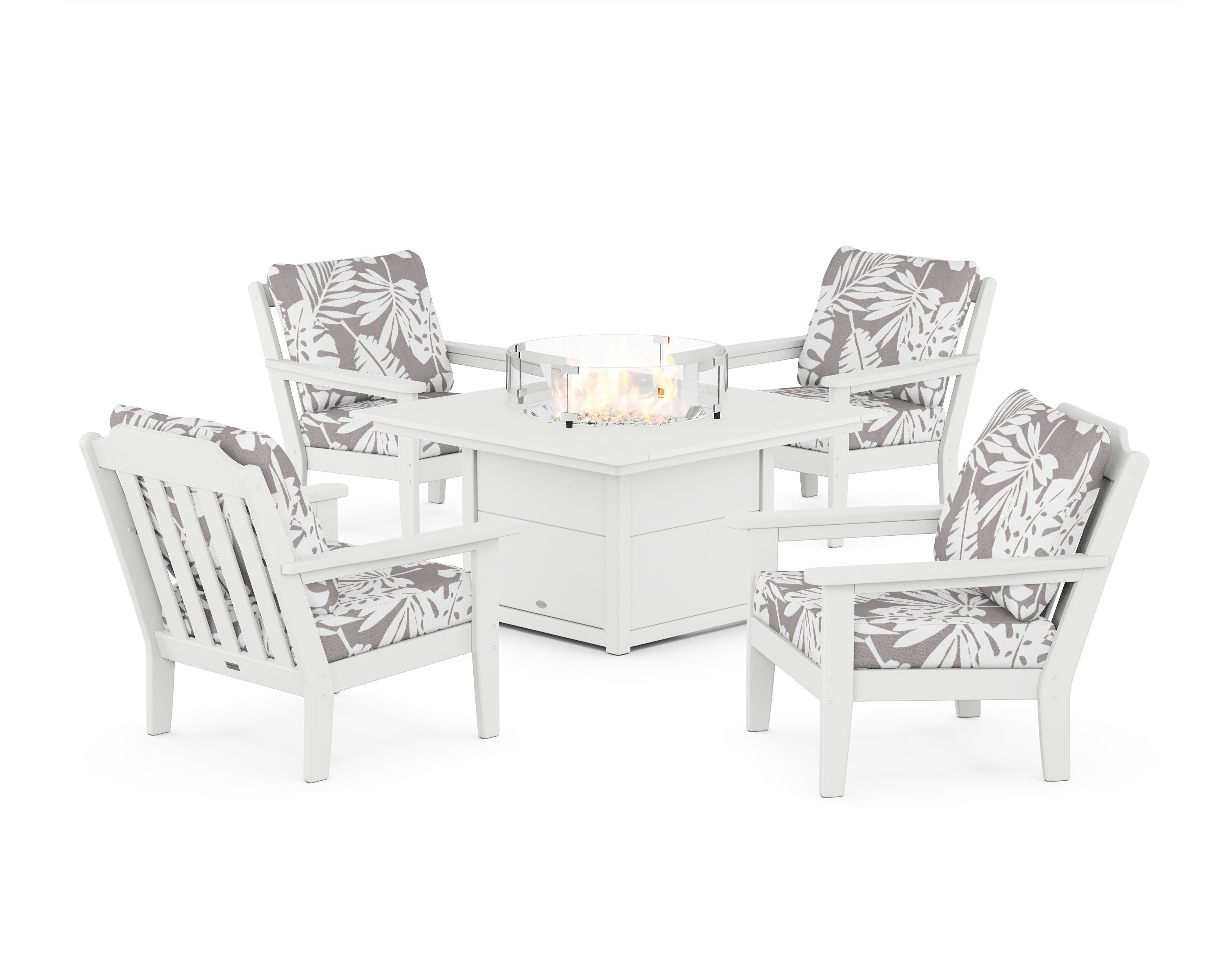 Country Living Cottage 5-Piece Deep Seating Set with Fire Pit Table in White / Leaf Grey Mist