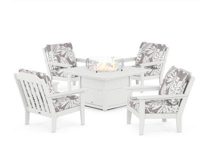 Country Living Cottage 5-Piece Deep Seating Set with Fire Pit Table in White / Leaf Grey Mist