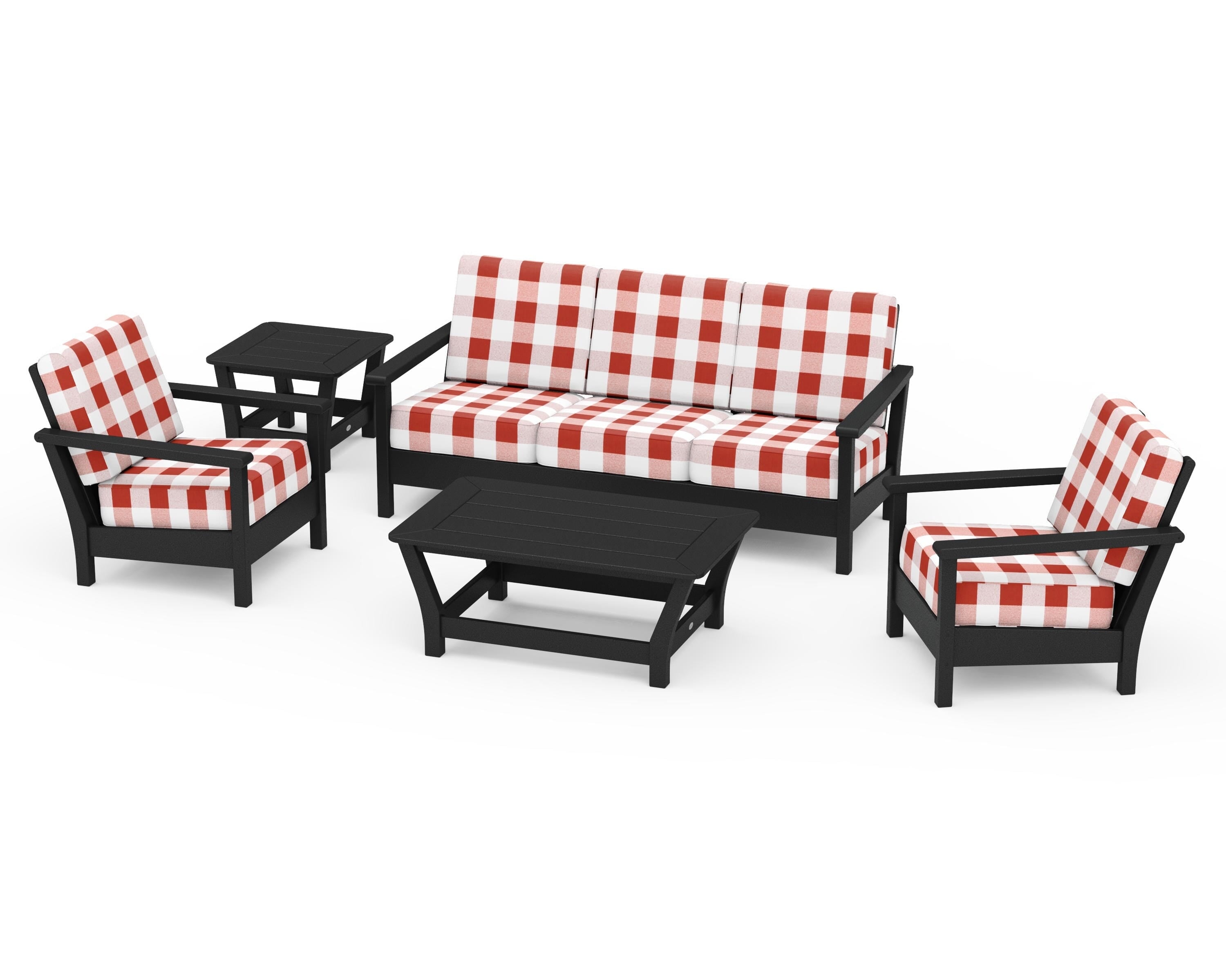 POLYWOOD® Harbour 5-Piece Deep Seating Set in Black / Buffalo Plaid Crimson