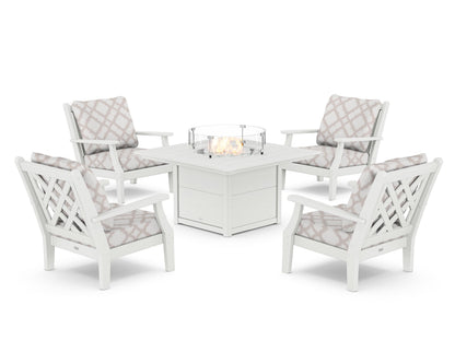 Country Living Wovendale 5-Piece Deep Seating Set with Fire Pit Table in White / Trellis Dune Burlap