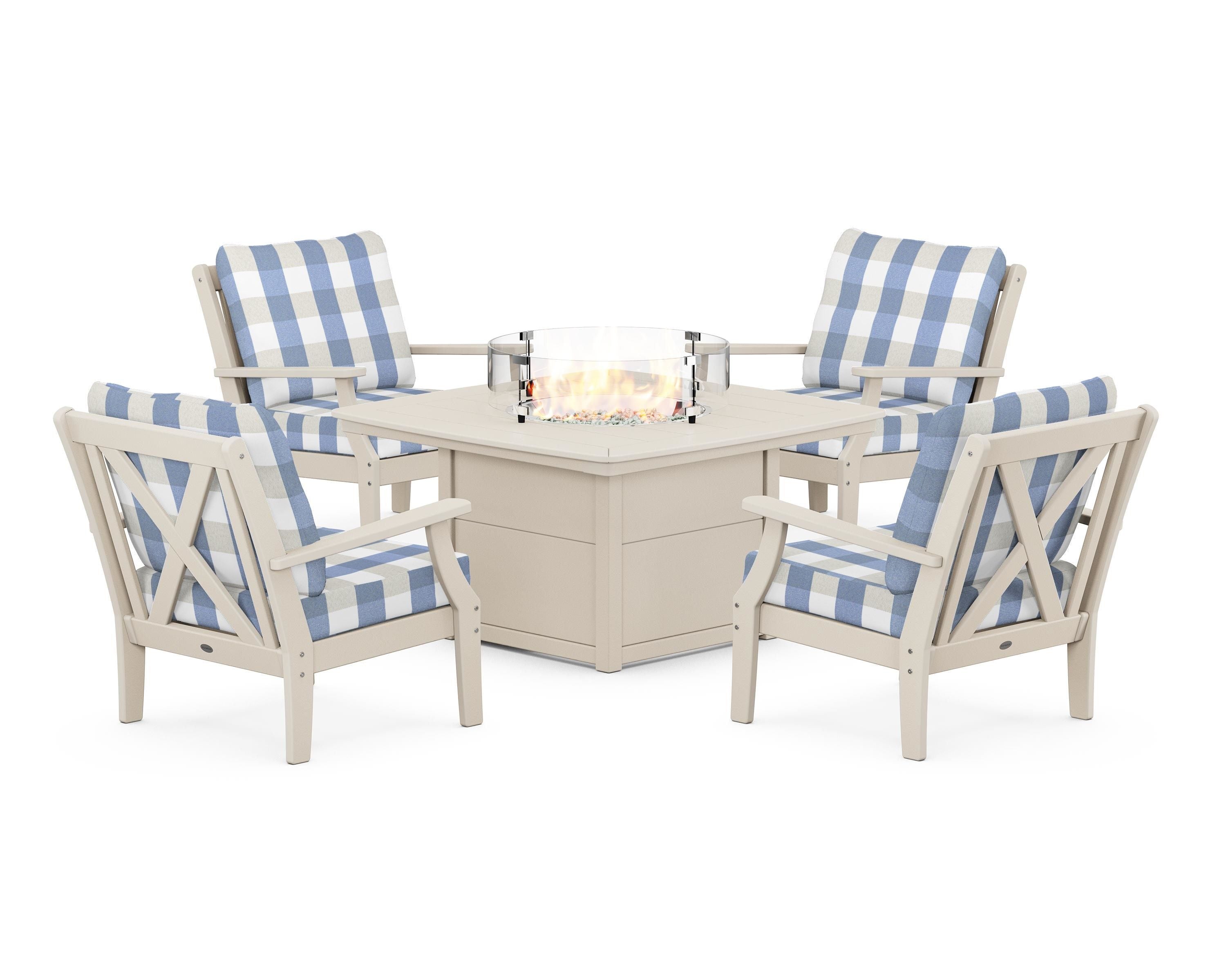 POLYWOOD® Braxton 5-Piece Deep Seating Conversation Set with Fire Pit Table in Sand / Buffalo Plaid Sky Blue