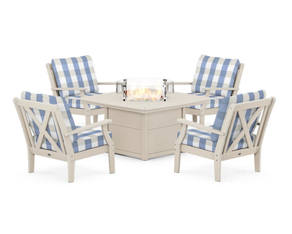POLYWOOD® Braxton 5-Piece Deep Seating Conversation Set with Fire Pit Table in Sand / Buffalo Plaid Sky Blue