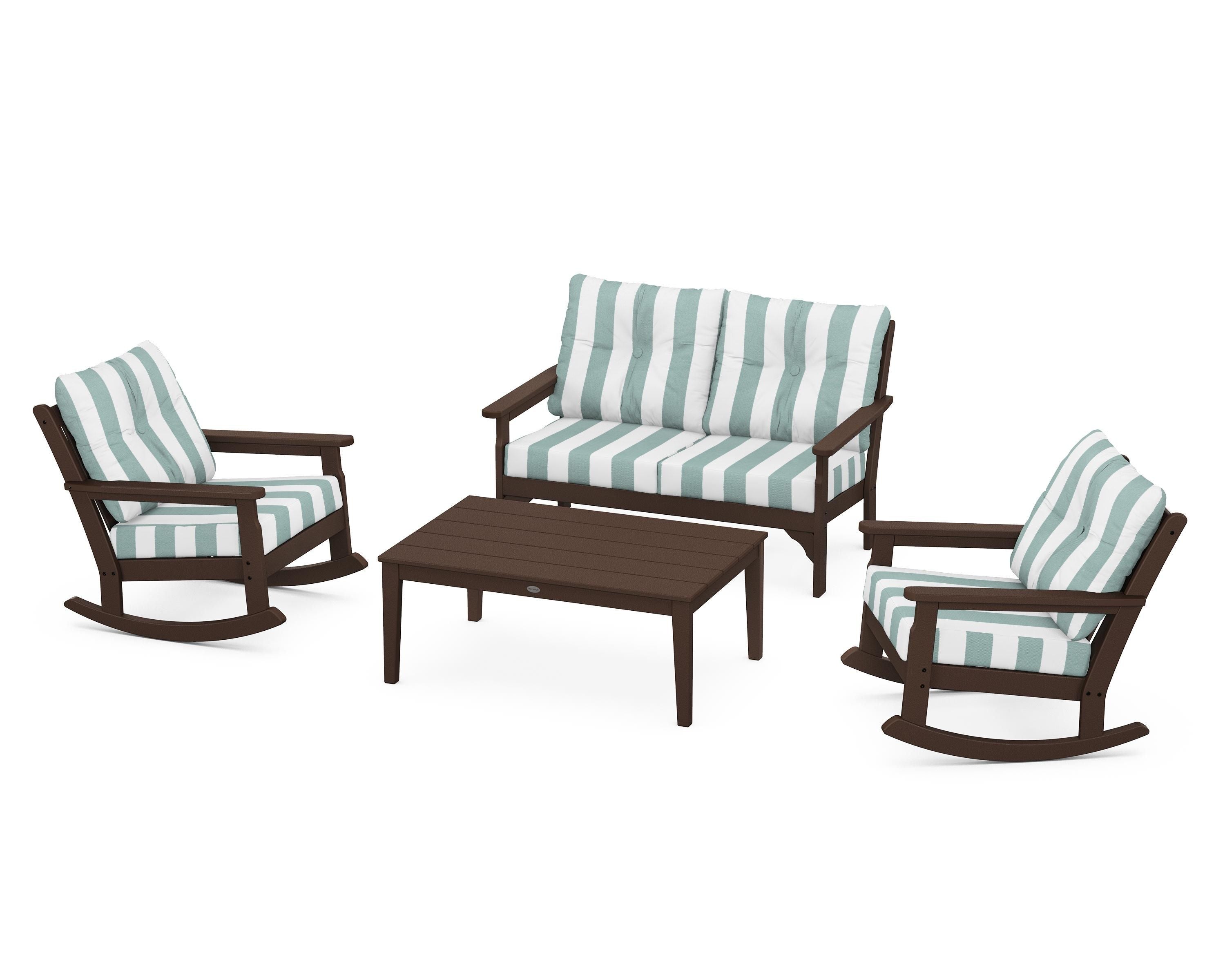 POLYWOOD® Vineyard 4-Piece Deep Seating Rocking Chair Set in Mahogany / Cabana Stripe Glacier Spa