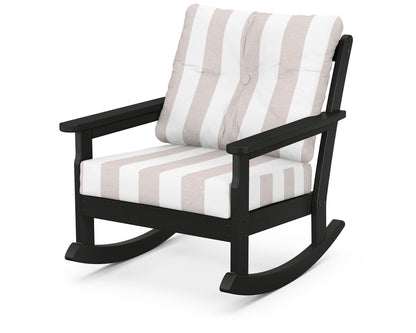 POLYWOOD® Vineyard Deep Seating Rocking Chair in Black / Cabana Stripe Dune Burlap