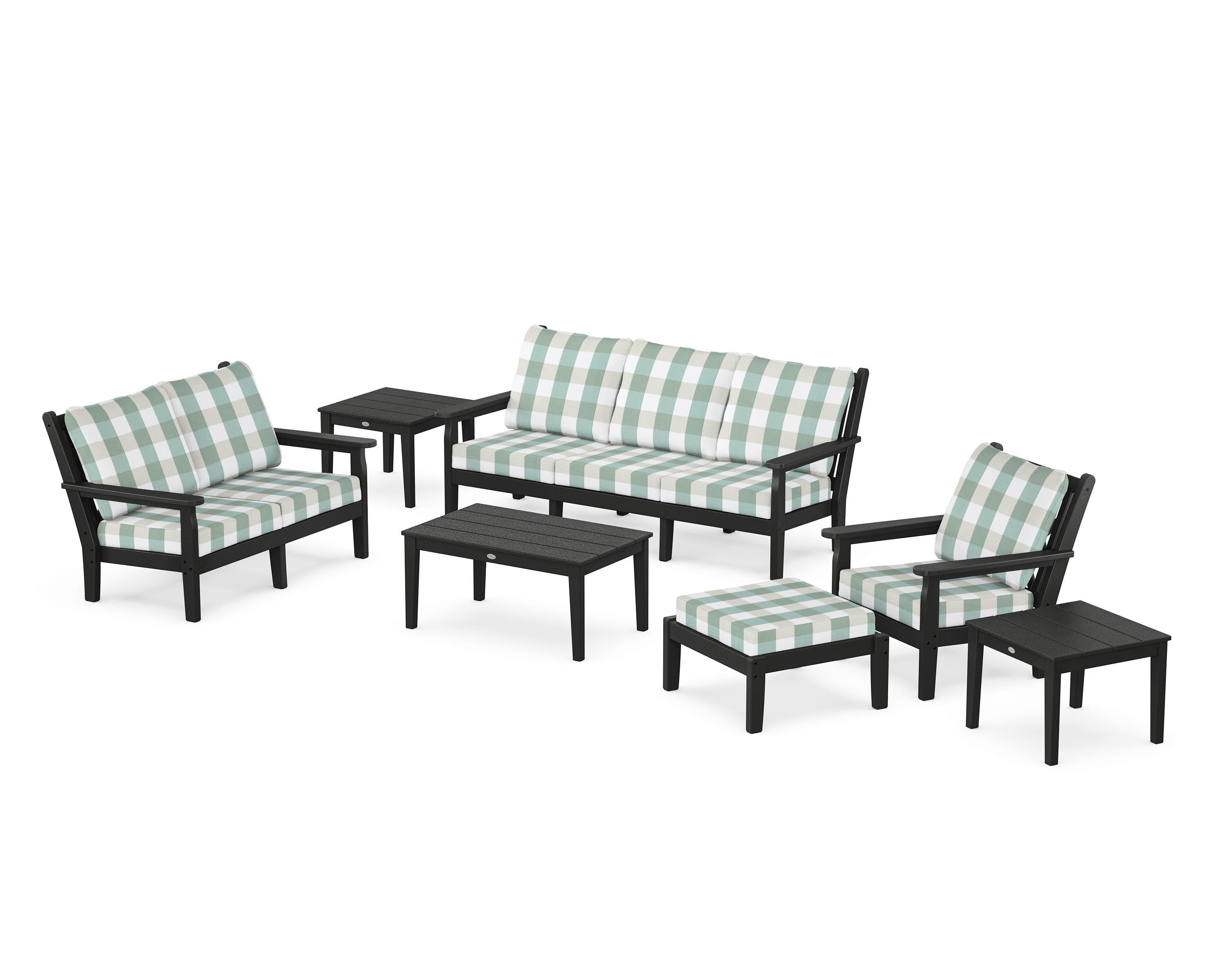 POLYWOOD® Chippendale 7-Piece Deep Seating Set in Black / Buffalo Plaid Glacier Spa