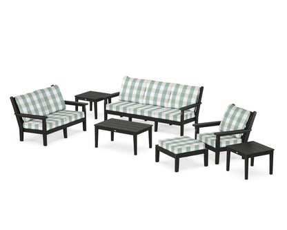 POLYWOOD® Chippendale 7-Piece Deep Seating Set in Black / Buffalo Plaid Glacier Spa
